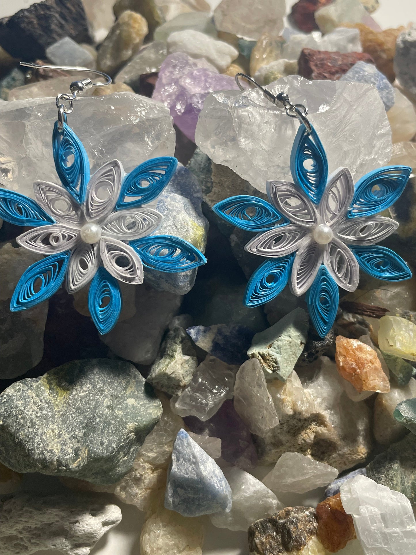 Teal and White Snowflake Earrings