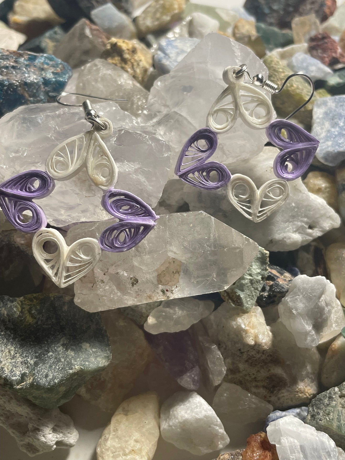 Purple and White Heart Dangle Earrings