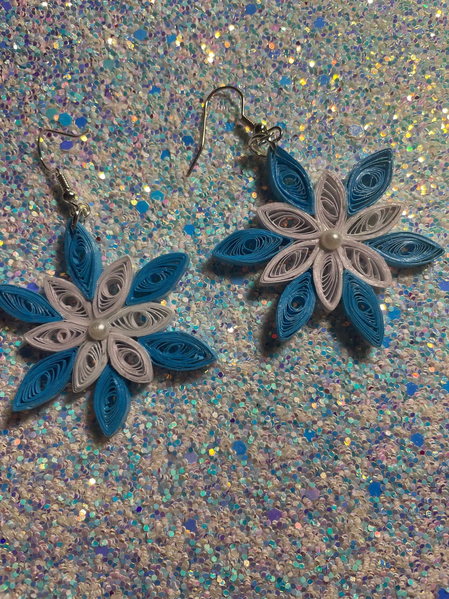 Teal and White Snowflake Earrings