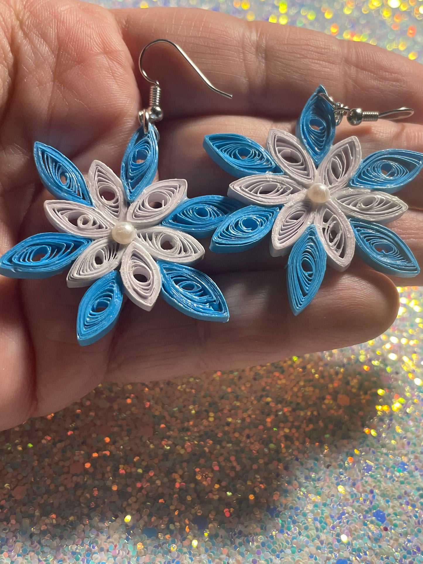 Teal and White Snowflake Earrings
