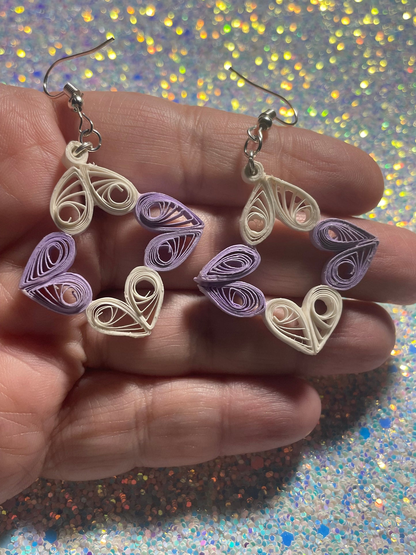 Purple and White Heart Dangle Earrings