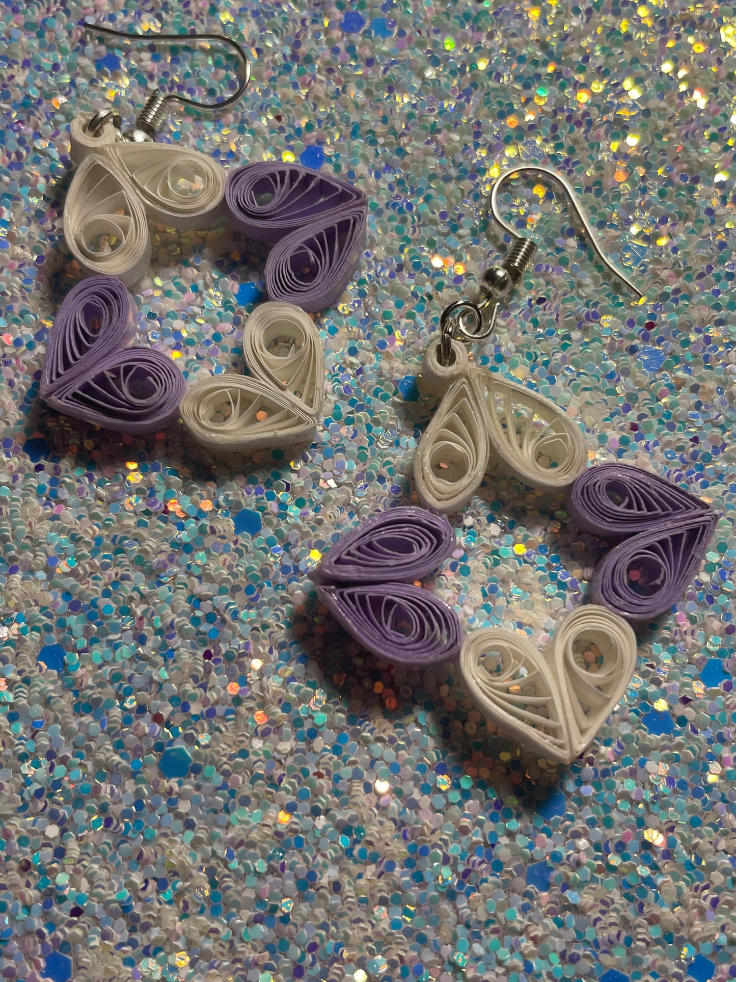 Purple and White Heart Dangle Earrings