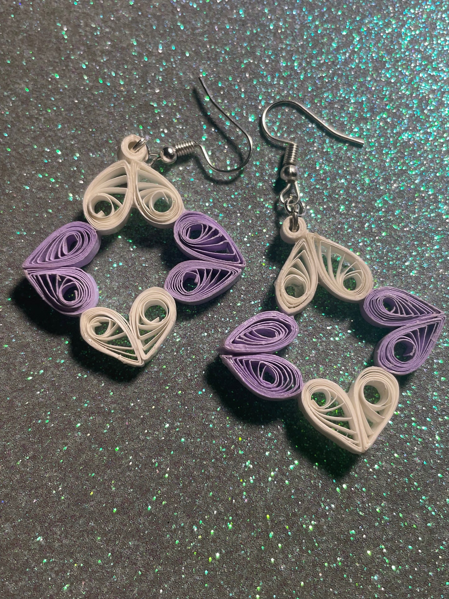 Purple and White Heart Dangle Earrings